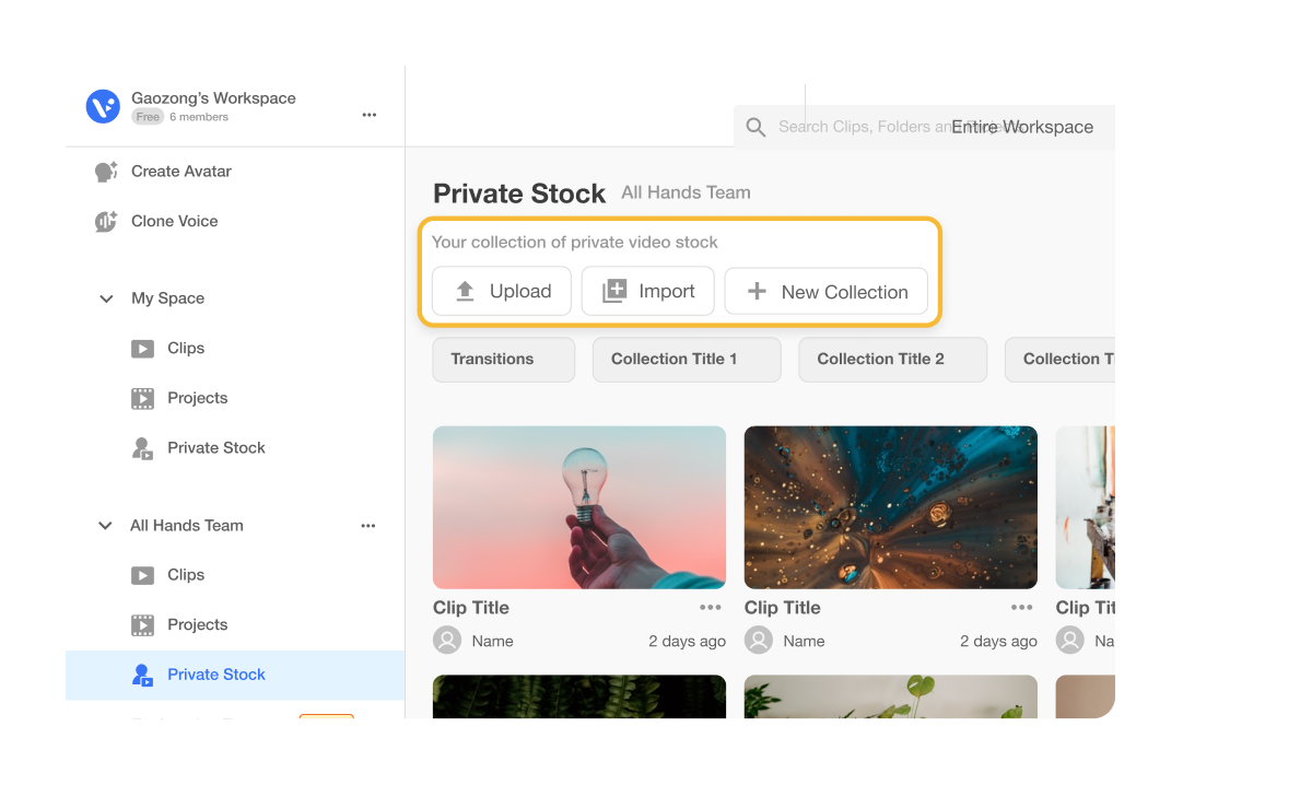 Visla's Private Stock is a personal library for storing and managing video footage. AI automatically tags clips with descriptions, making them easy to find and use in new video projects.